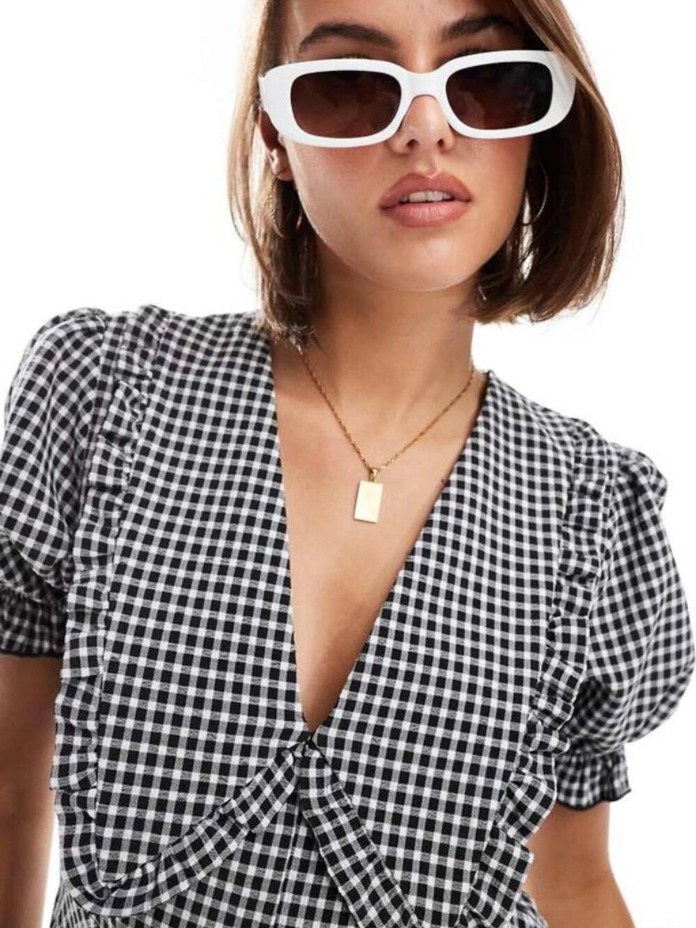Black White Gingham Puff Sleeve Mini Dress | Ruffle Bib Collar | Size 6 - Picture 2 of 12